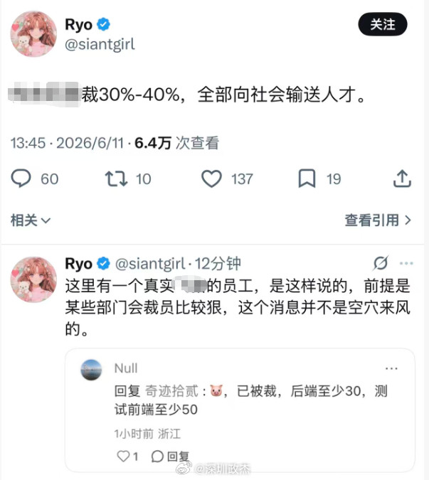 某杭州大厂向社会输送新人才，做旅游的。测试和前端，裁员50%，产品15%，后端3