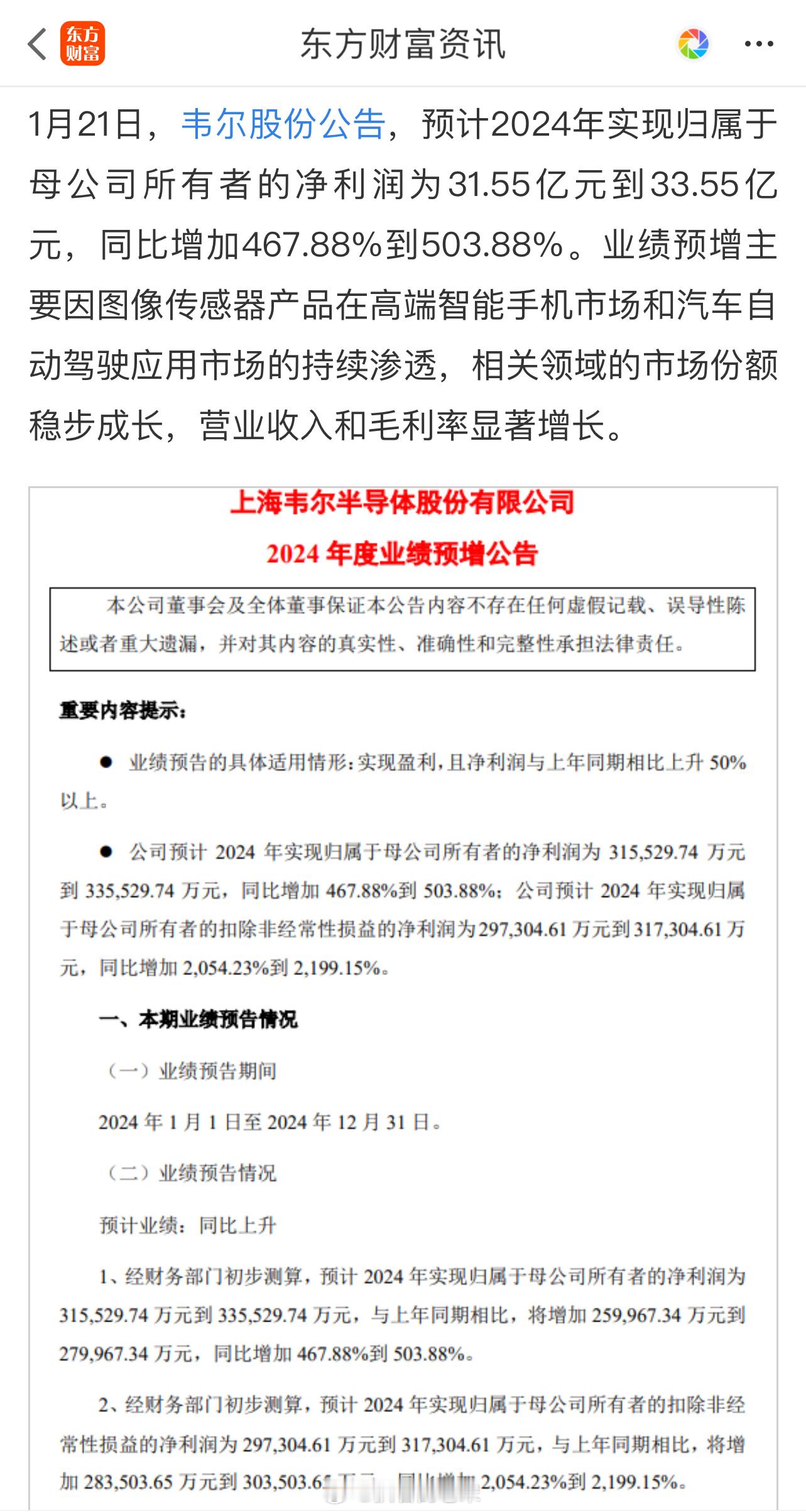 韦尔股份：2024年净利润同比预增467.88%-503.88%