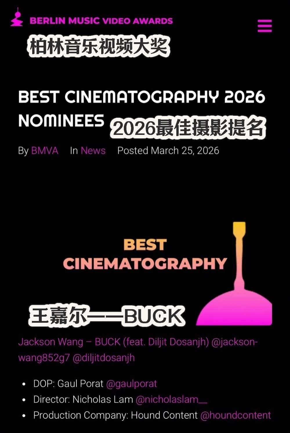 据不完全统计，王嘉尔MAGICMAN2仅MV入围提名就有：1.《BUCK》入围2