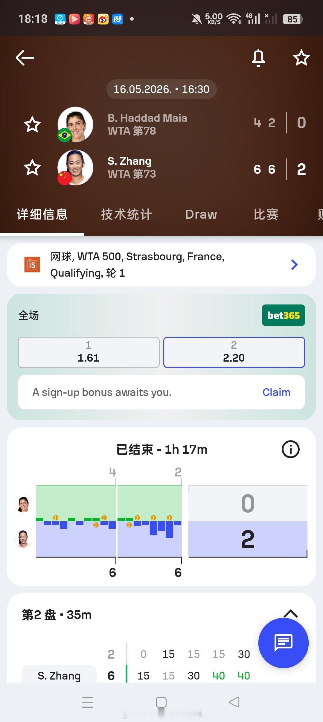 小花小草资讯【斯特拉斯堡WTA500】女单资格赛第一轮7号种子🇨🇳张帅6-