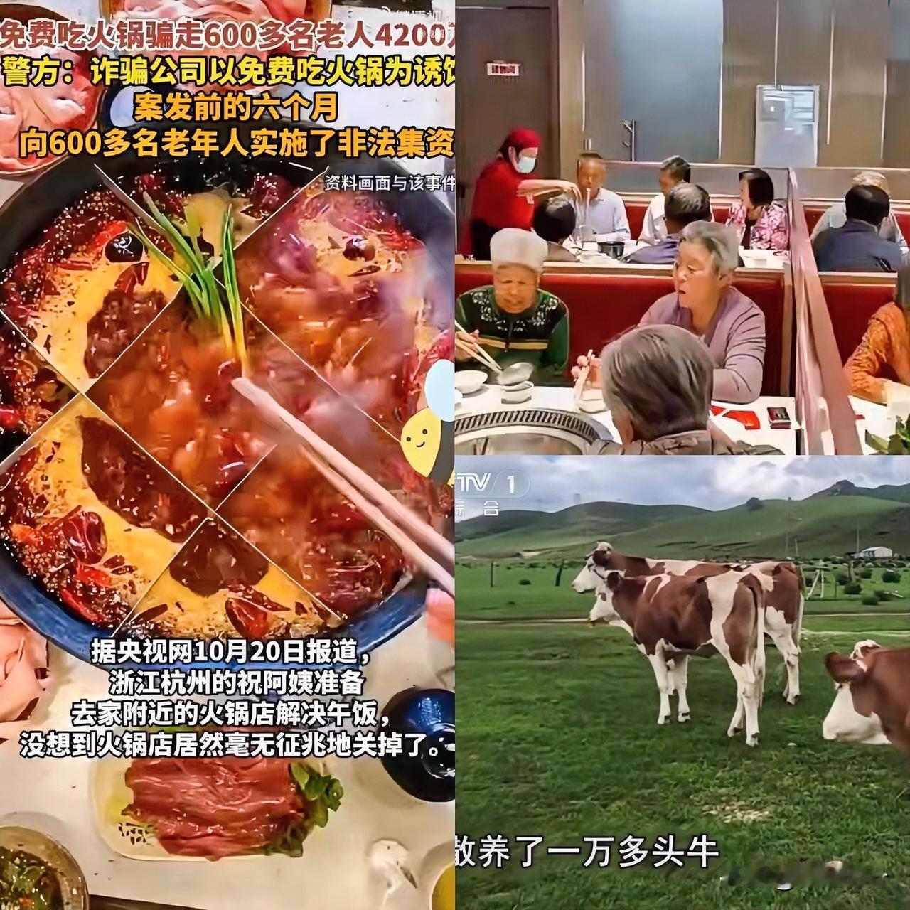 见过免费送鸡蛋骗老人的也见过卖保健品骗老人的头一回听说免费吃火锅骗老人的，