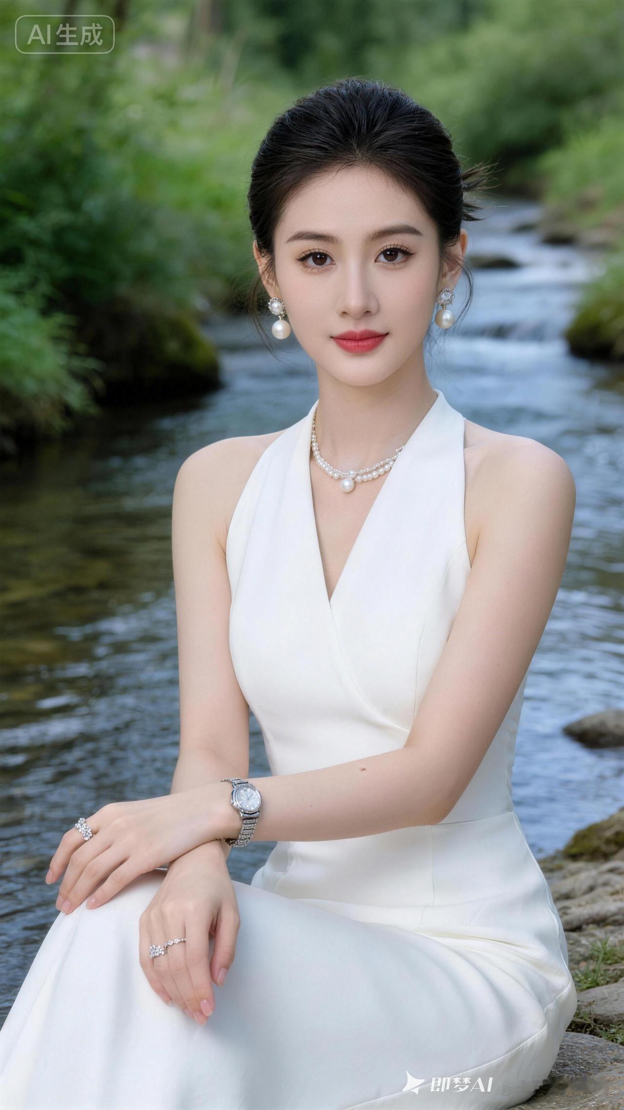 优雅白裙少女，静坐溪流旁，珍珠耳环闪耀，自然美如画。