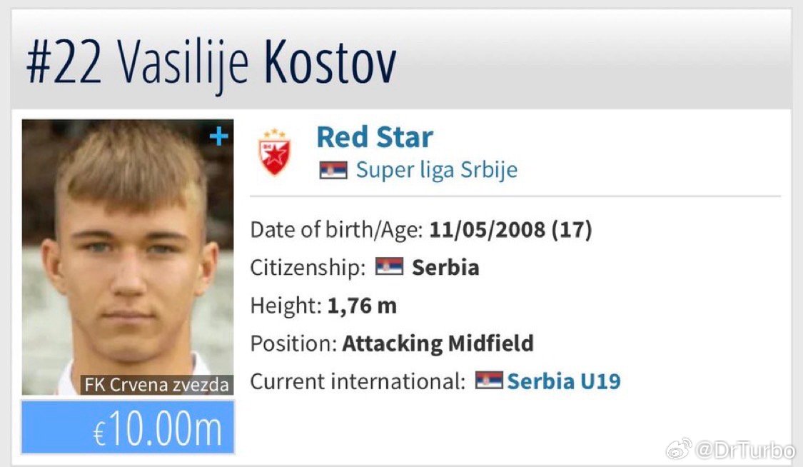 莫雷托确认：国米正在密切关注瓦西里耶·科斯托夫这位17岁的中场球员是俱乐部非常