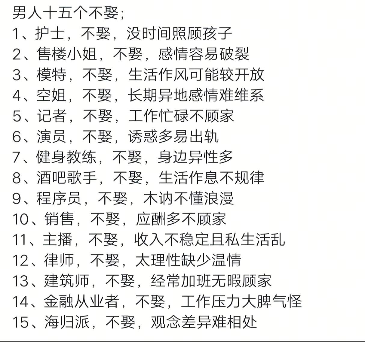 网友总结的男人十五个不娶，感觉完全胡说不靠谱啊！