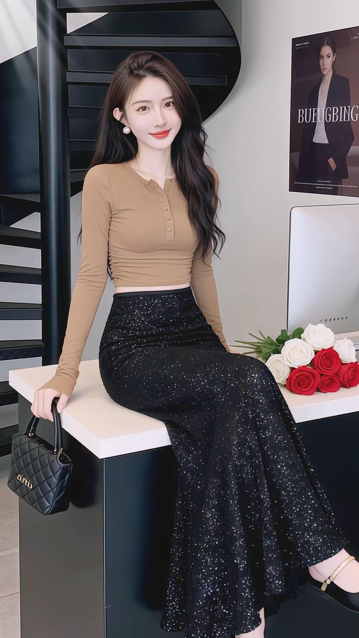 优雅气质穿搭，黑色亮片长裙搭配米色上衣，尽显时尚魅力！