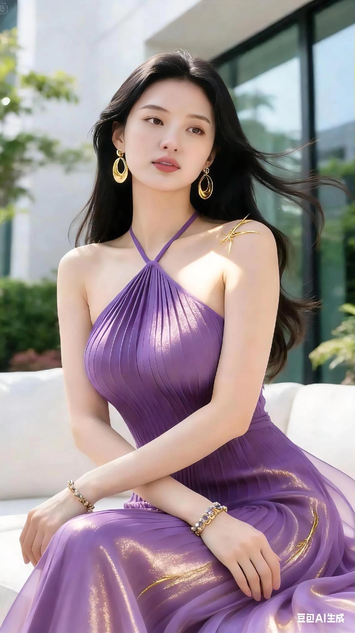 优雅紫裙，闪耀耳环，都市时尚风气质女人味耳环紫裙时尚照贵妇紫色耳环