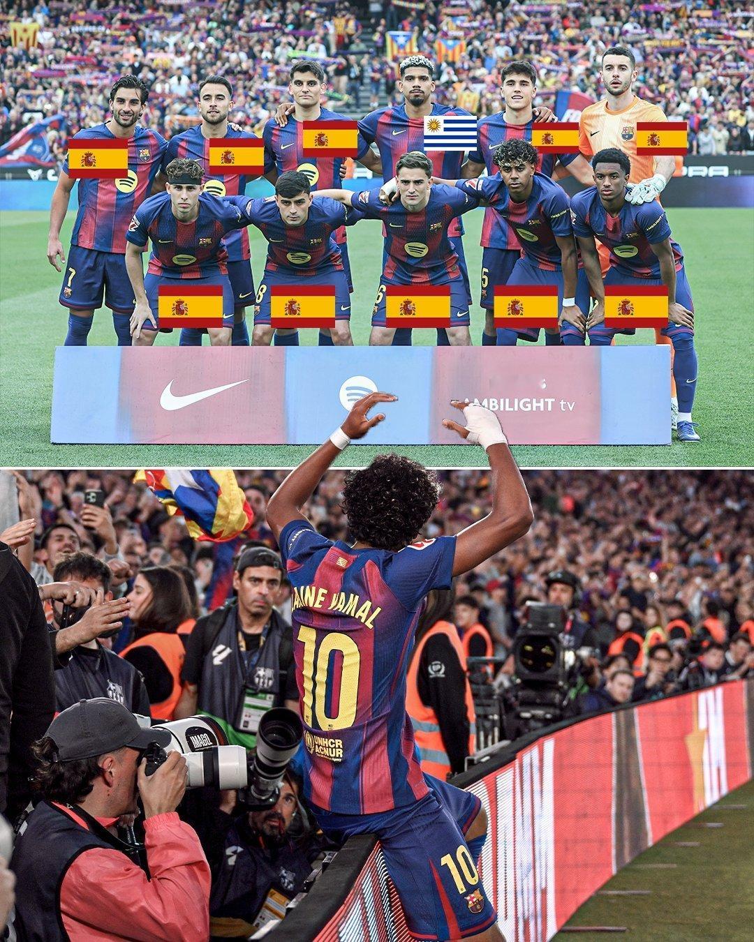 巴萨巴塞罗那对阵西班牙人时首发阵容派出10名西班牙球员，罗纳德·阿劳霍是唯一