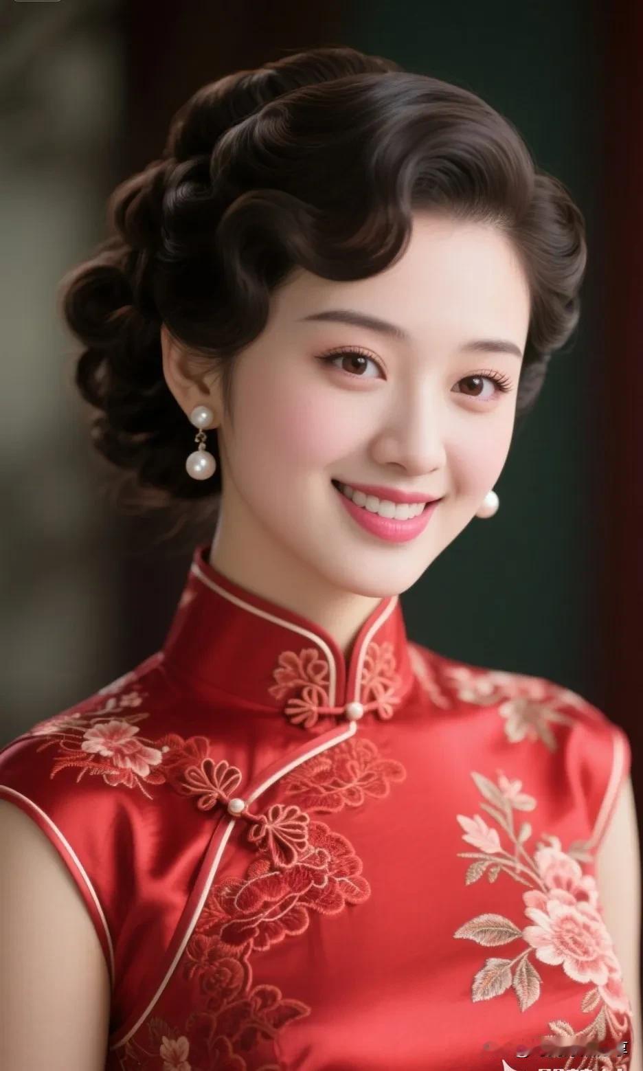 如何品味旗袍的倾国倾城她梳着复古盘发，眉眼温婉，笑靥动人。一袭红底绣花旗袍，精致