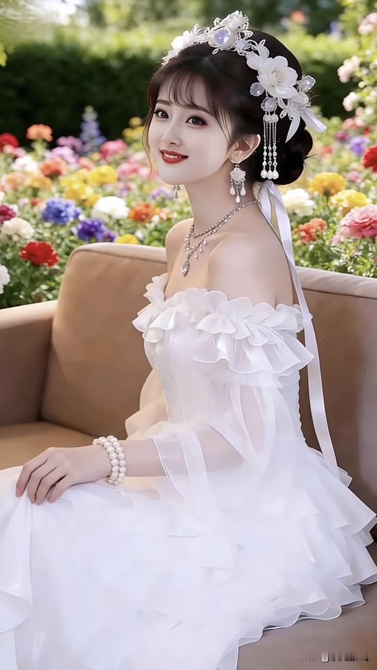 梦幻花海中的优雅新娘，唯美婚纱，甜美笑容温柔甜美新娘唯美婚纱婚庆甜美婚纱写真