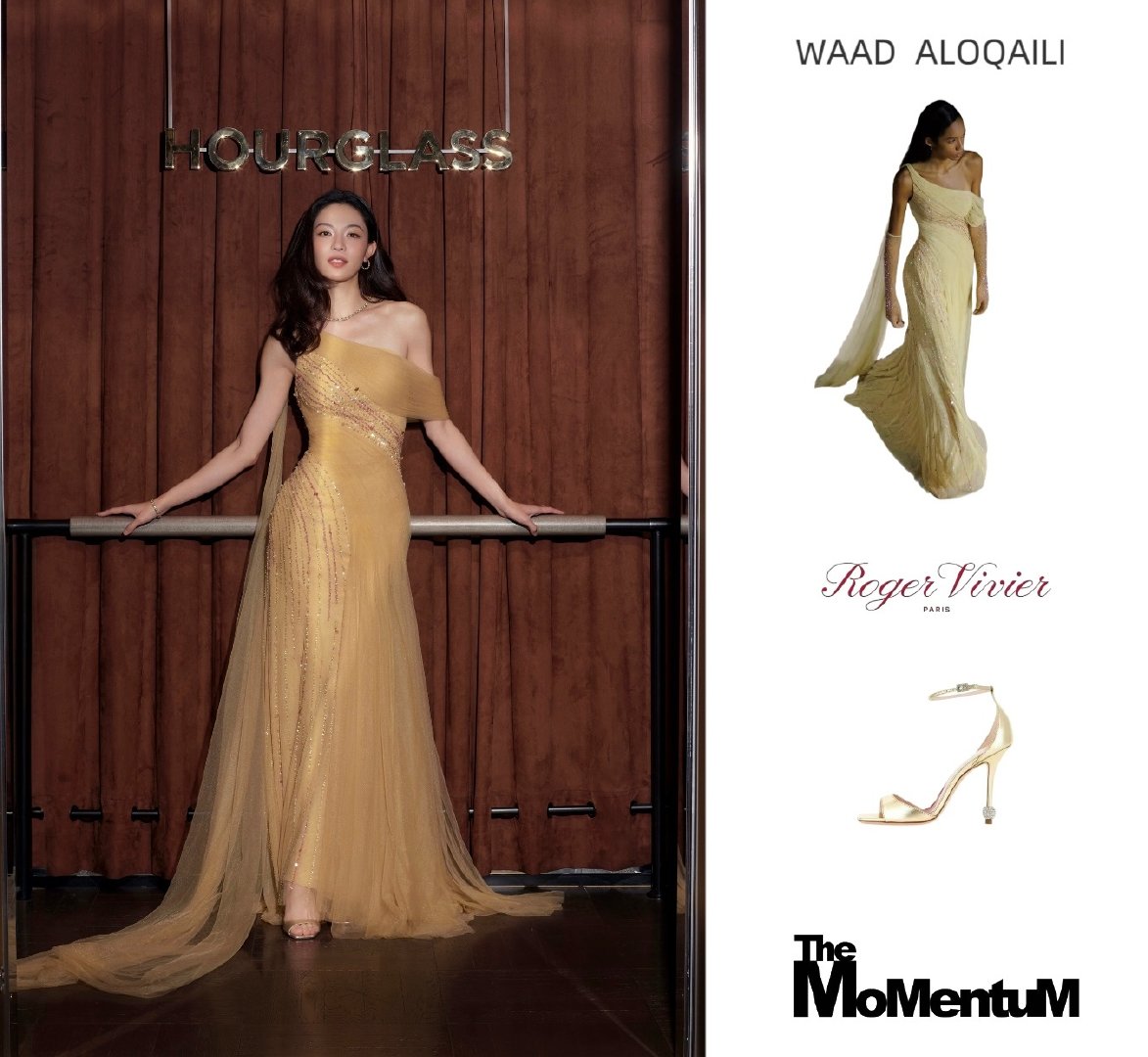#钟楚曦#亮相#hourglass#轻纱入夜派对黄色钻饰斜肩礼服fromWAADALOQAILI金色