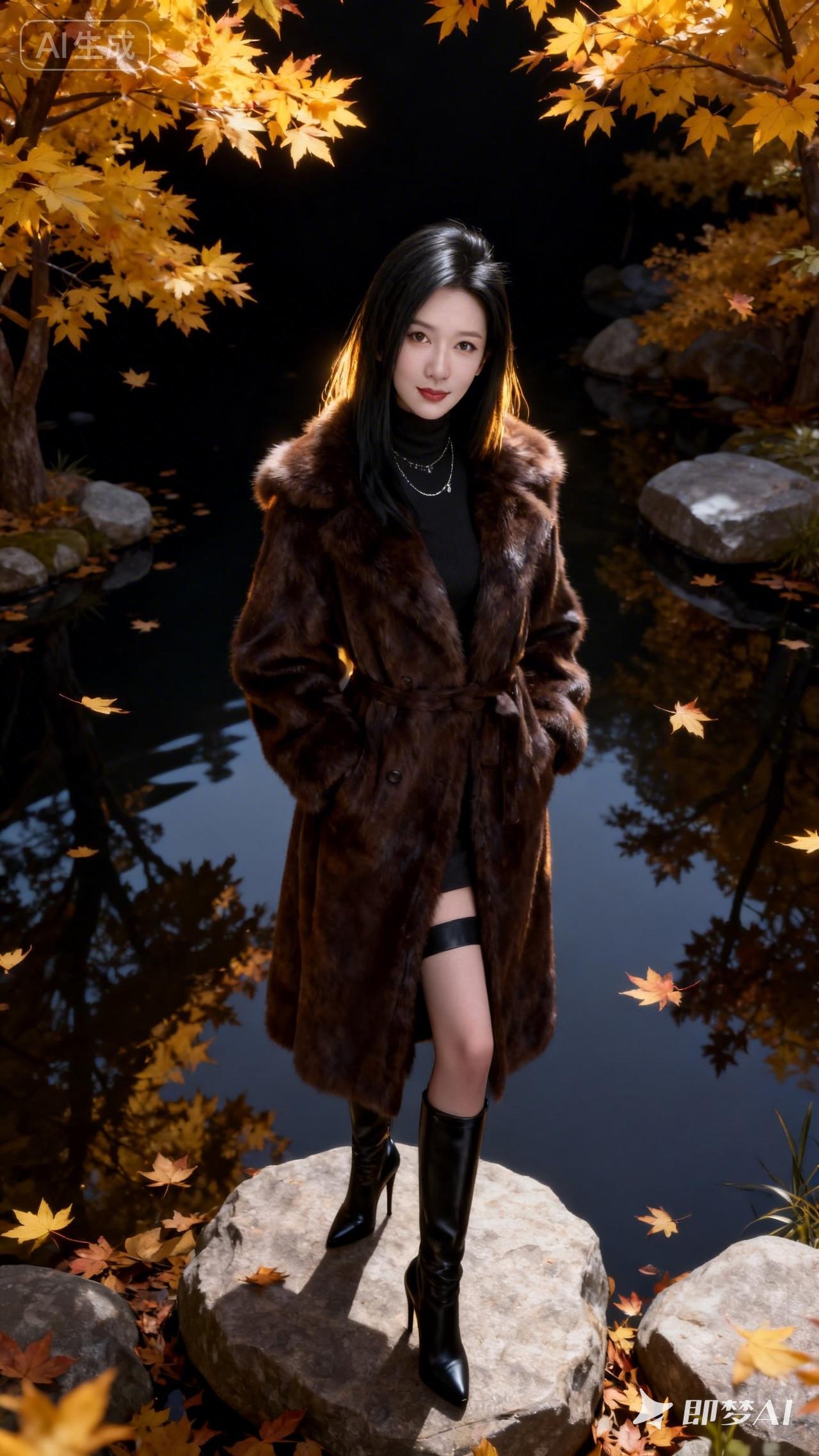 秋日暖阳下的时尚大片，黑发红唇，皮草大衣，尽显优雅与魅力。