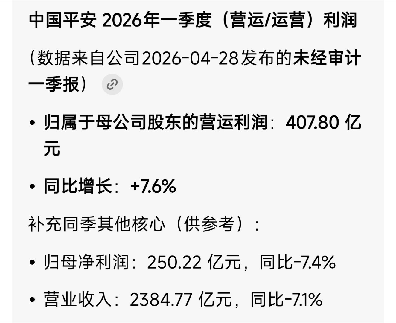 中国平安公布2026年一季度业绩，集团实现归属于母公司股东的营运利润407.80