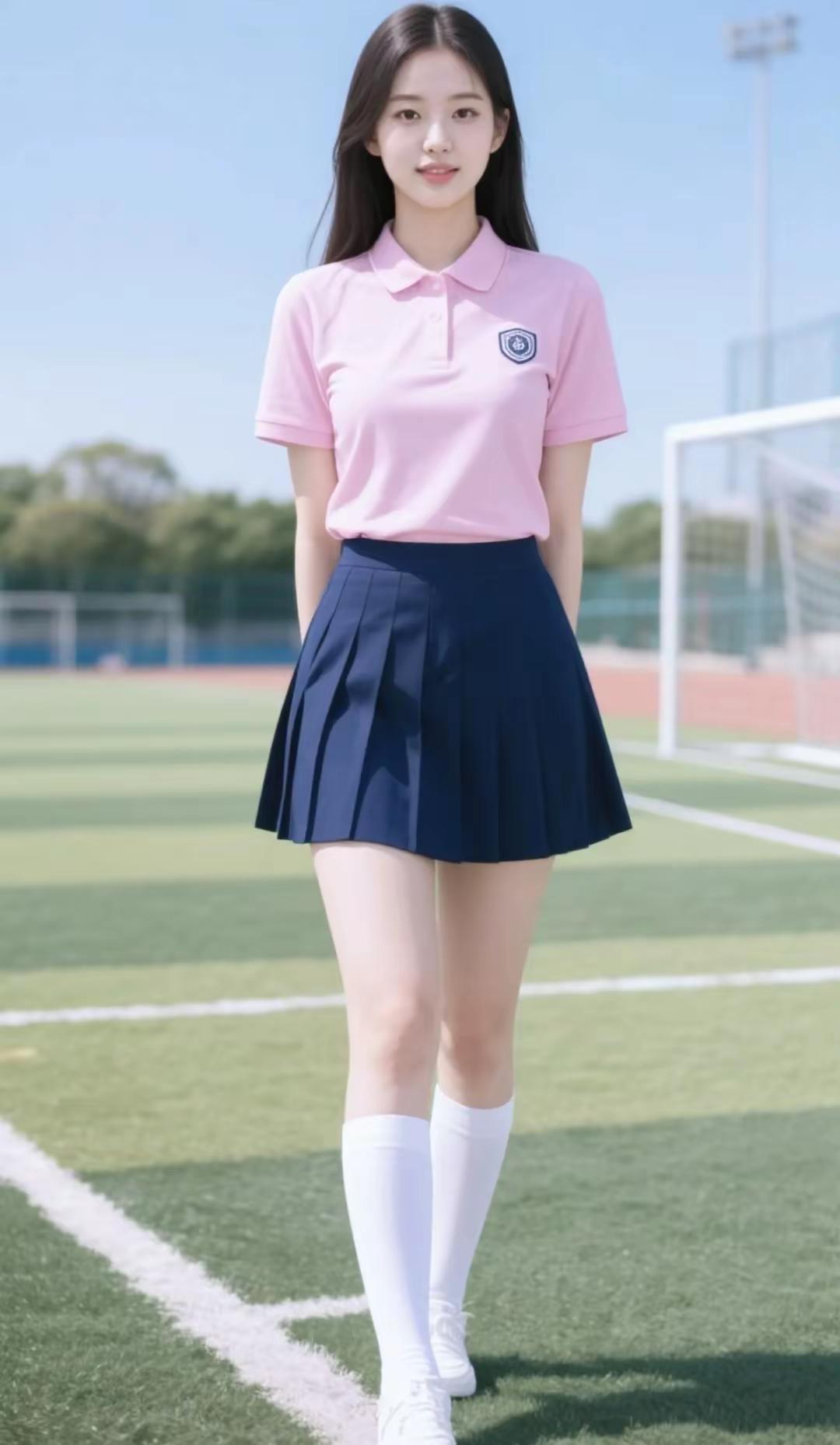 粉领迎朝露，蓝裙映晚霞。少女亭亭立校涯，朝气如阳初绽、韵清嘉。秀发随风舞，明