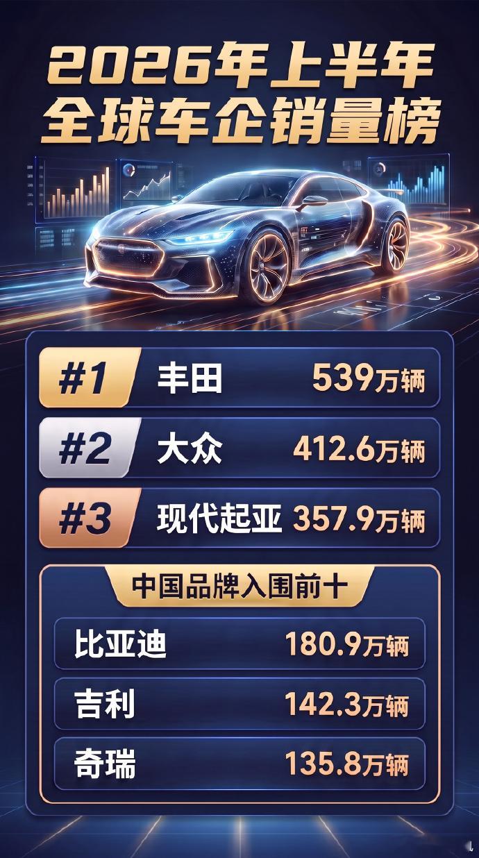 丰田又拿了全球车企销量第一综合各家车企官方披露的2026上半年全球销量数据