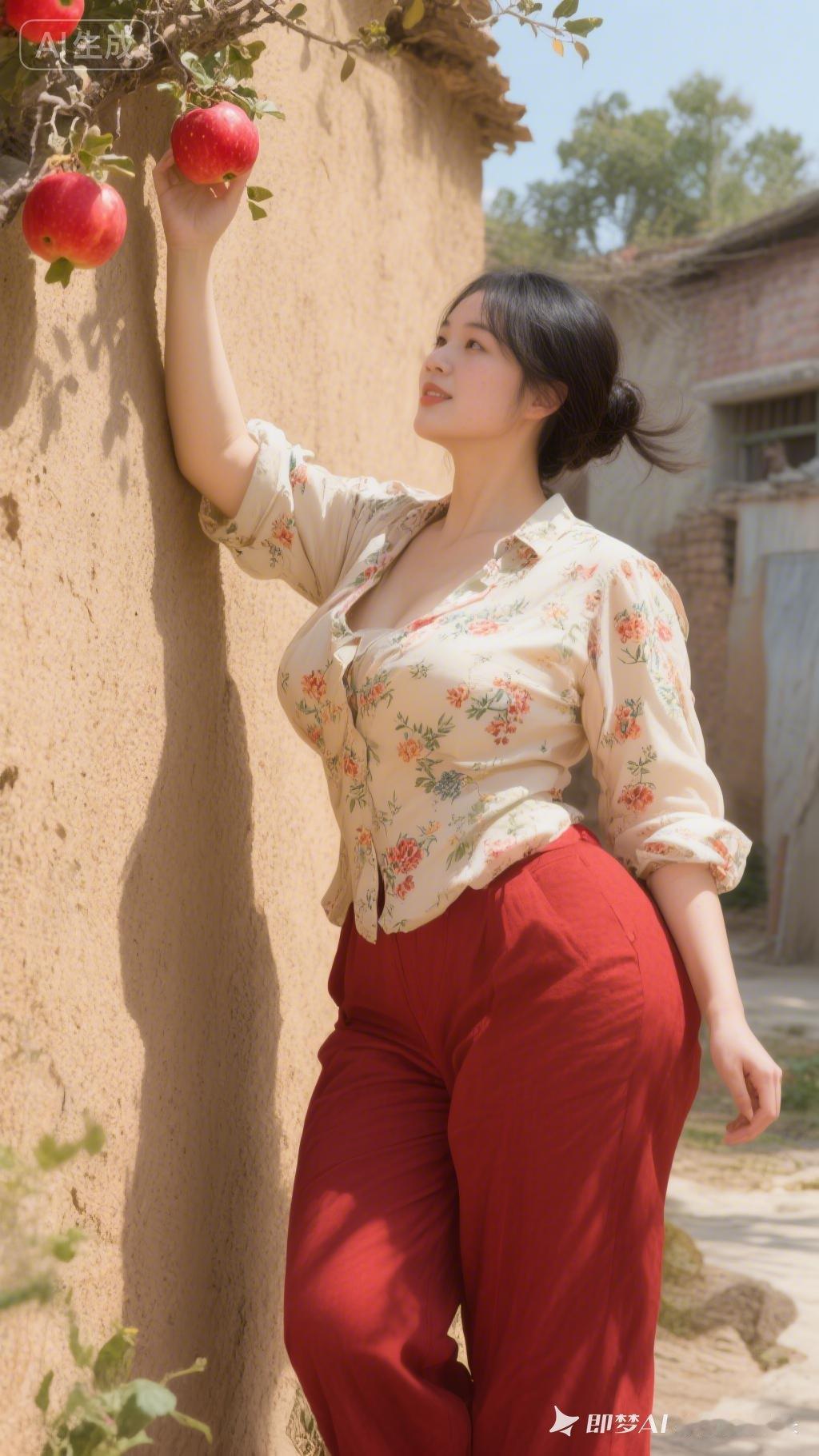 乡村少女采摘红苹果，花衬衫与红裤子相映成趣，自然阳光下的美好瞬间。