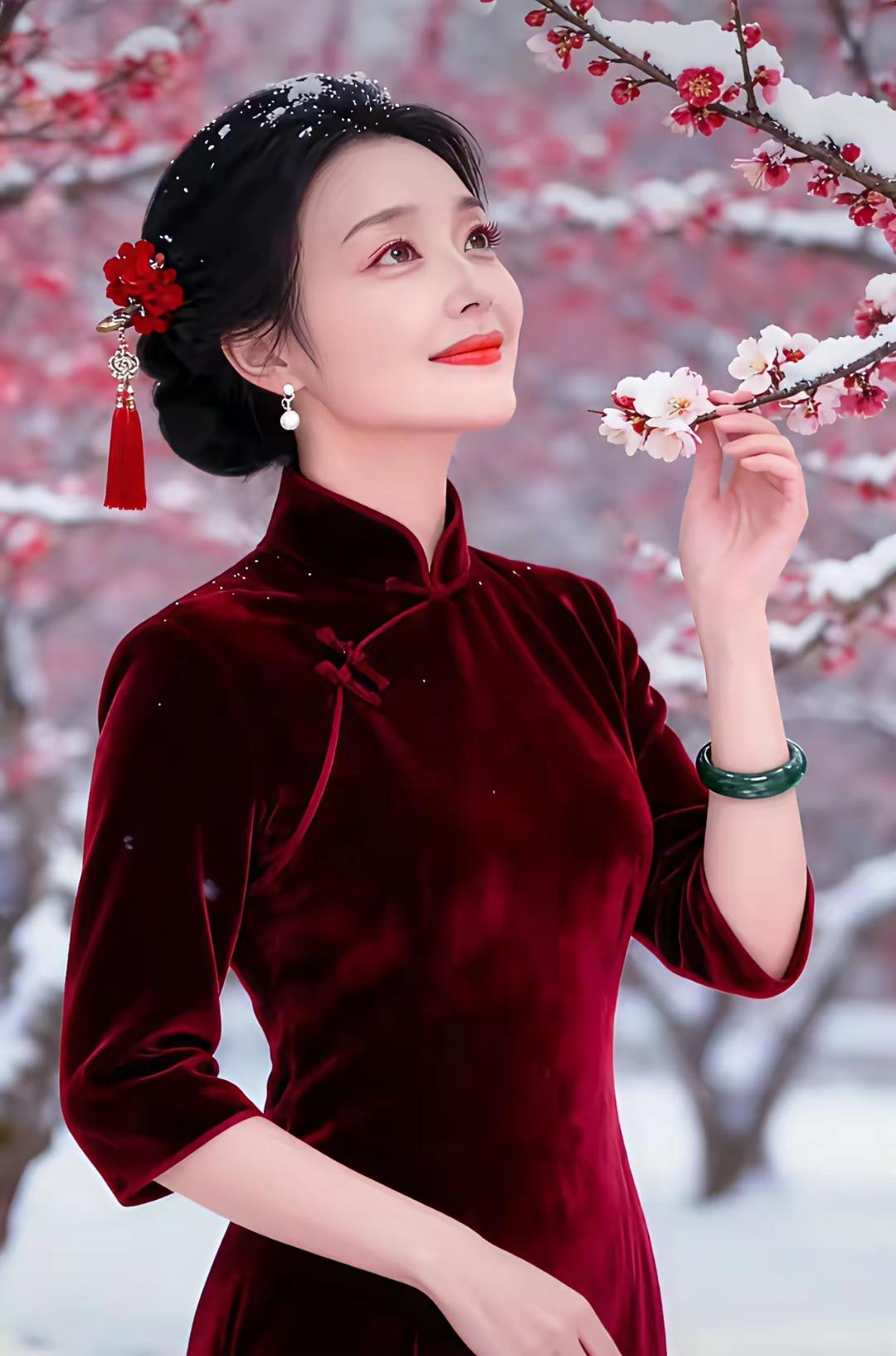 塞鸿秋·中国服饰韵致华裳尽显文明路，旗袍静绽东方愫。雪飘悄润梅花处，女姿