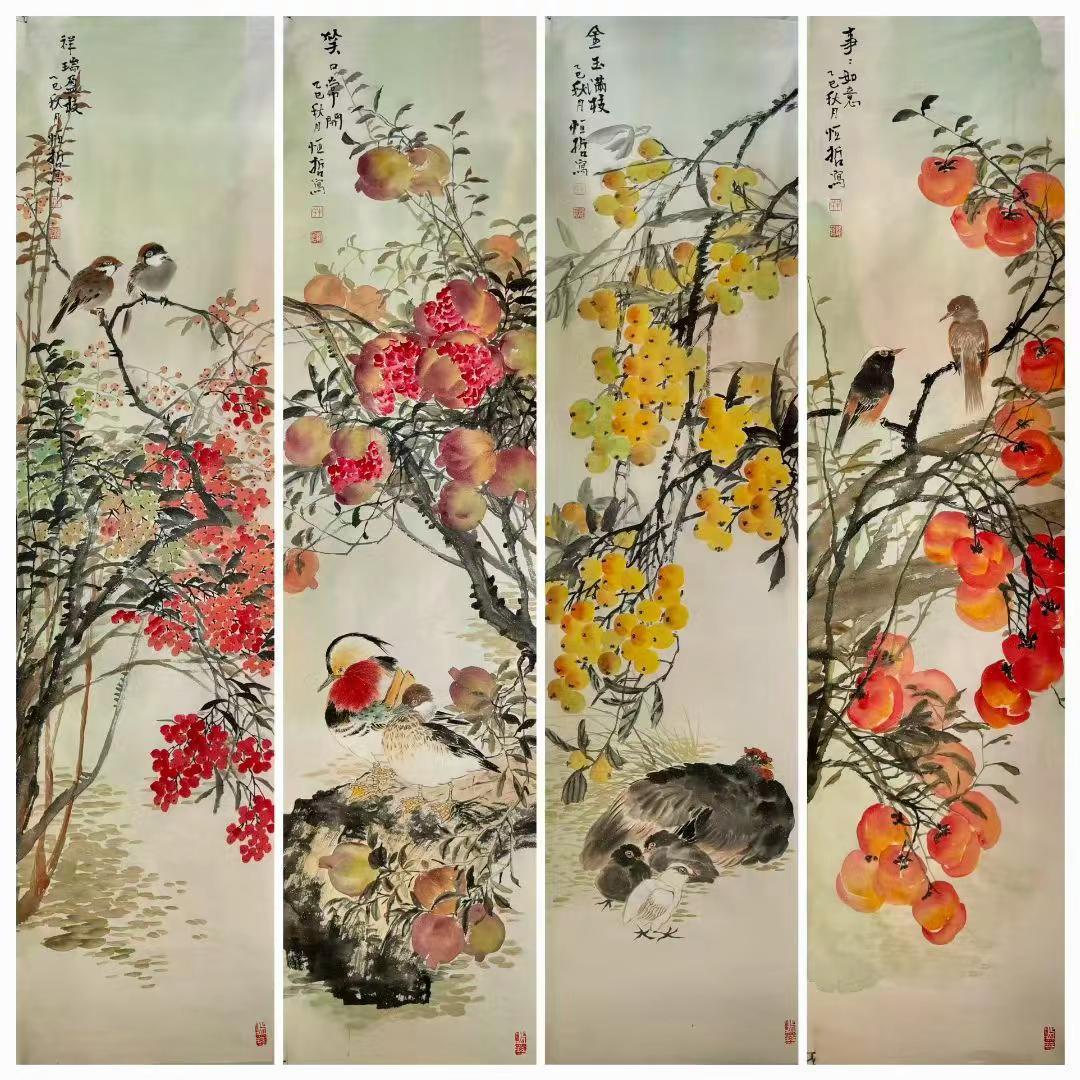 花鸟四条屏。写意花鸟创作者中心创作灵感国画专业写意花鸟