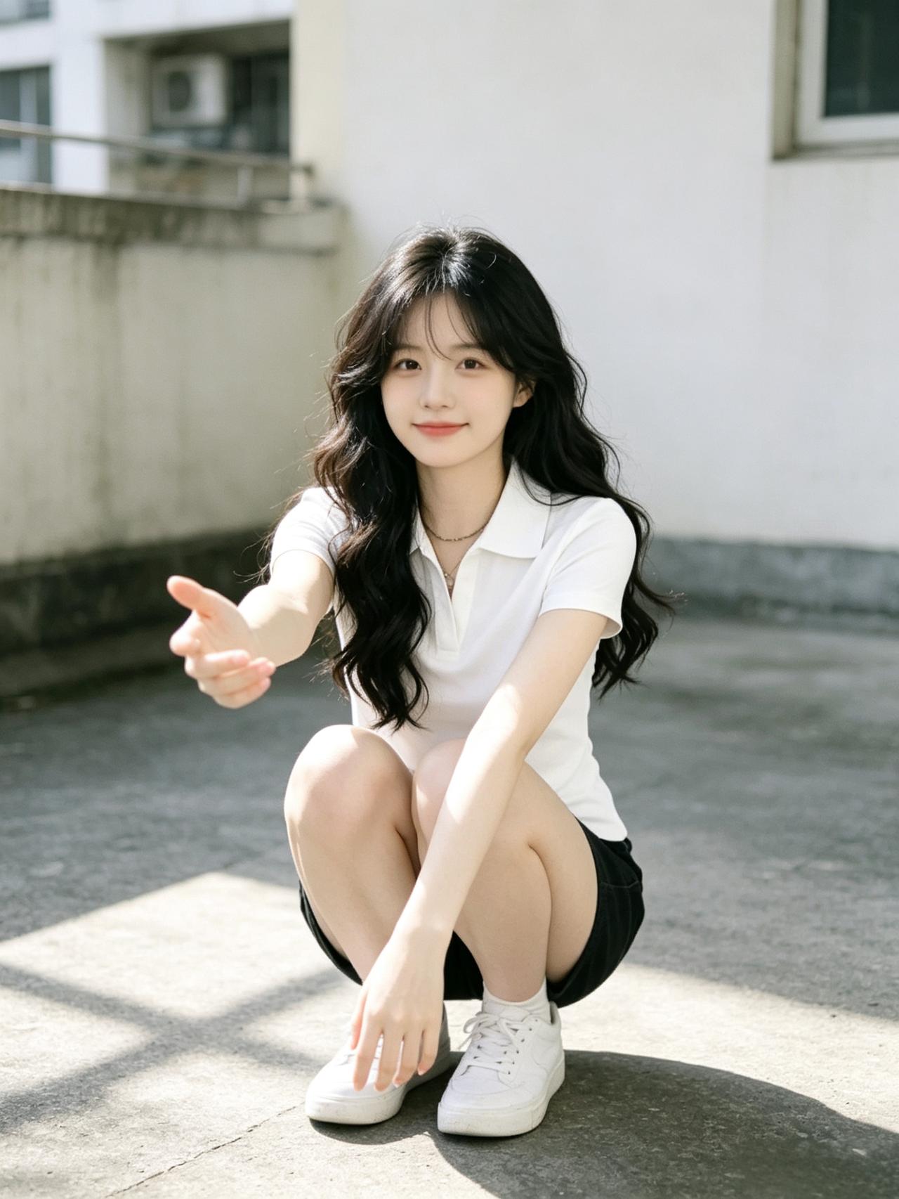 阳光明媚的午后，元气少女蹲下微笑，伸出手邀你共度美好时光。🌞👧💕