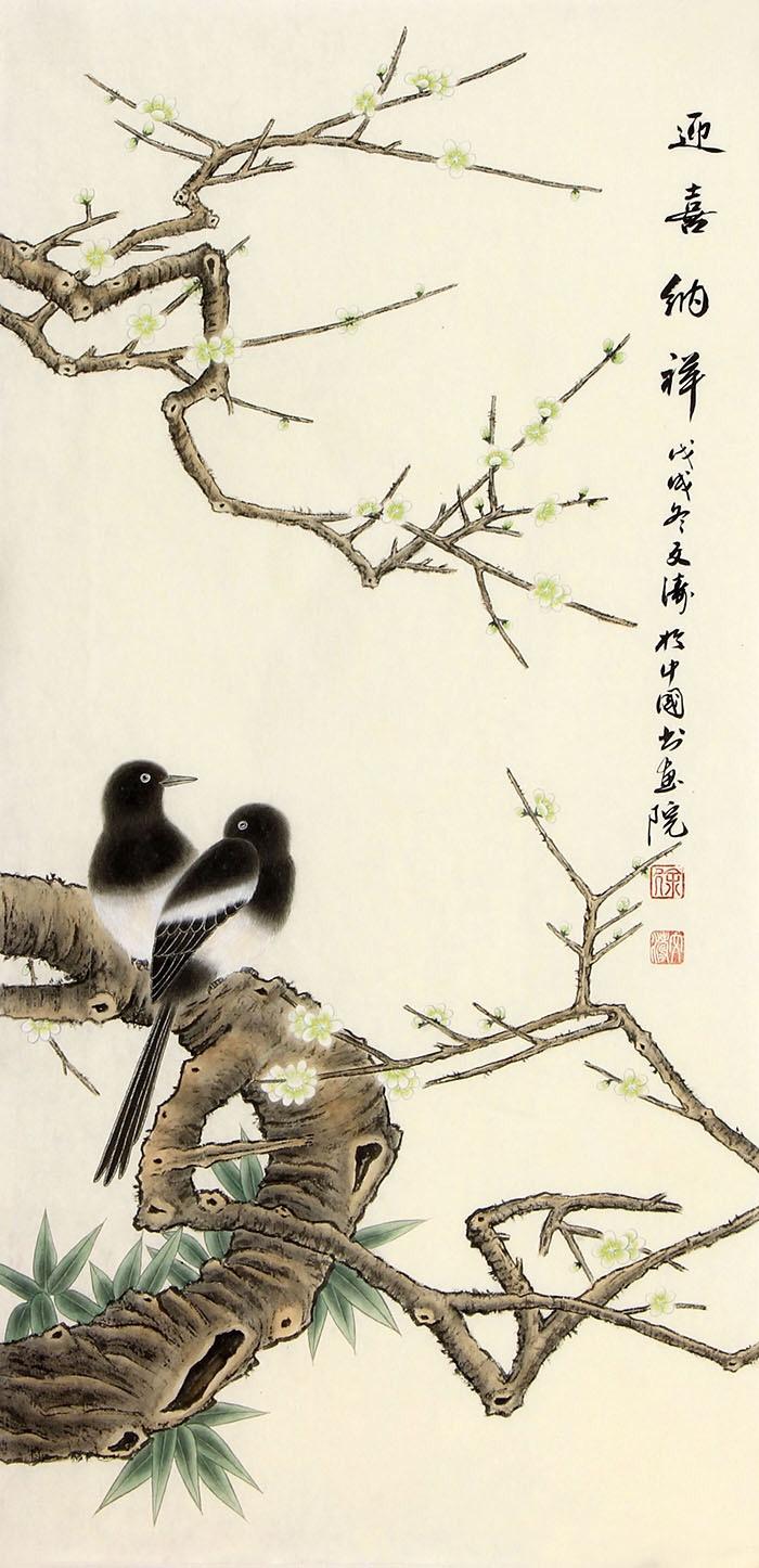 当代画家徐文涛的花鸟国画，清雅脱俗，意趣盎然。他笔下的禽鸟姿态灵动，红叶枝干晕染