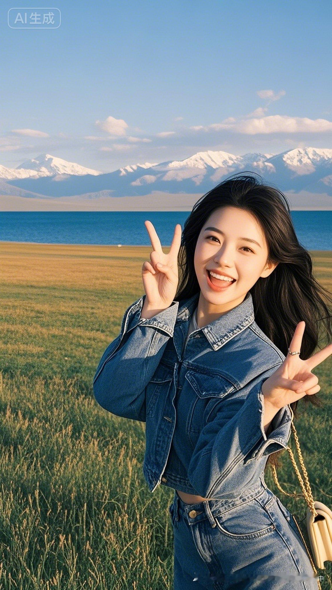 她在海边比出V字手势，笑得好开心！