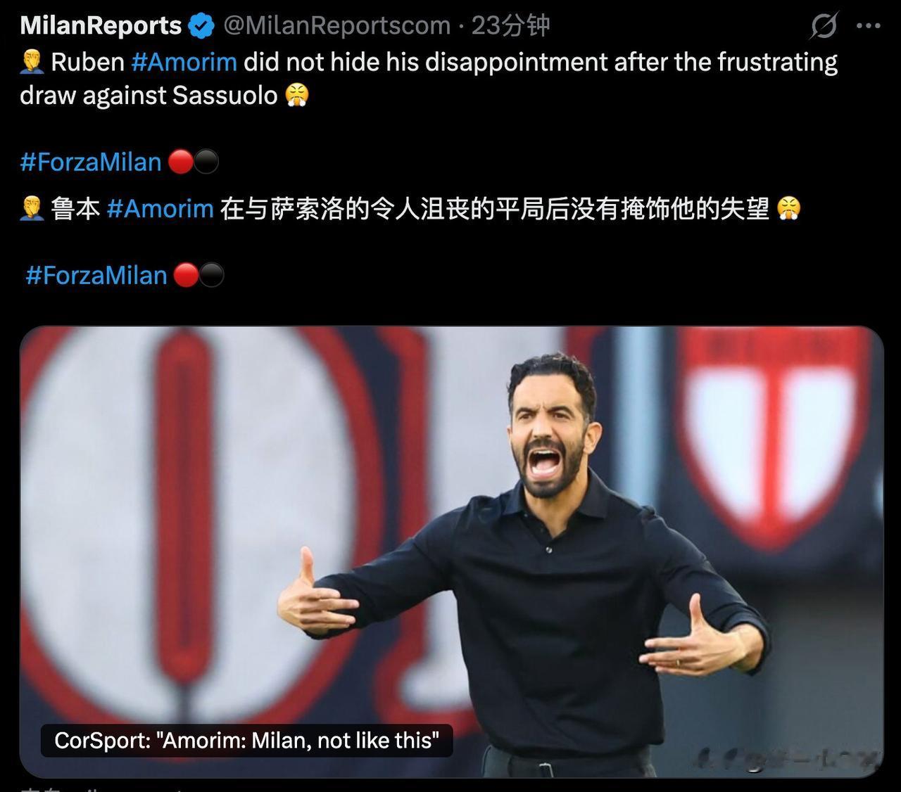 给阿莫林时间！阿莫林接受采访表示米兰对萨索洛遗憾的丢掉了三分。阿莫林认为球队踢的