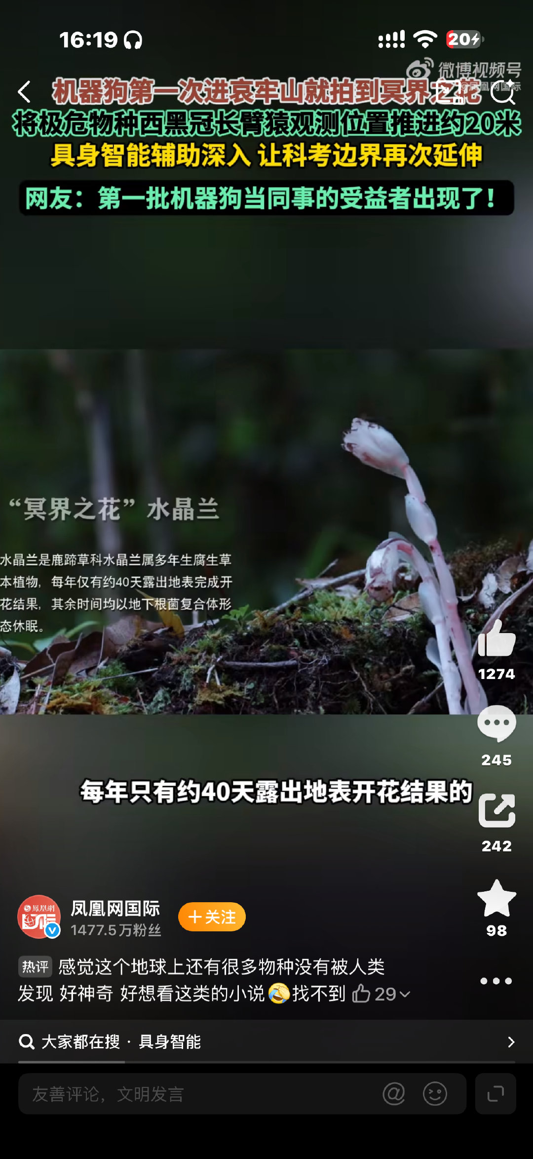 #机器狗第一次进哀牢山就拍到冥界之花#在从事此类具有一定危险性的任务和探索的时候，人工智能确实是不错