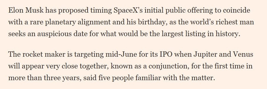 马斯克将SpaceX的IPO时间定在6月中旬，SpaceX此次IPO计划融资最高