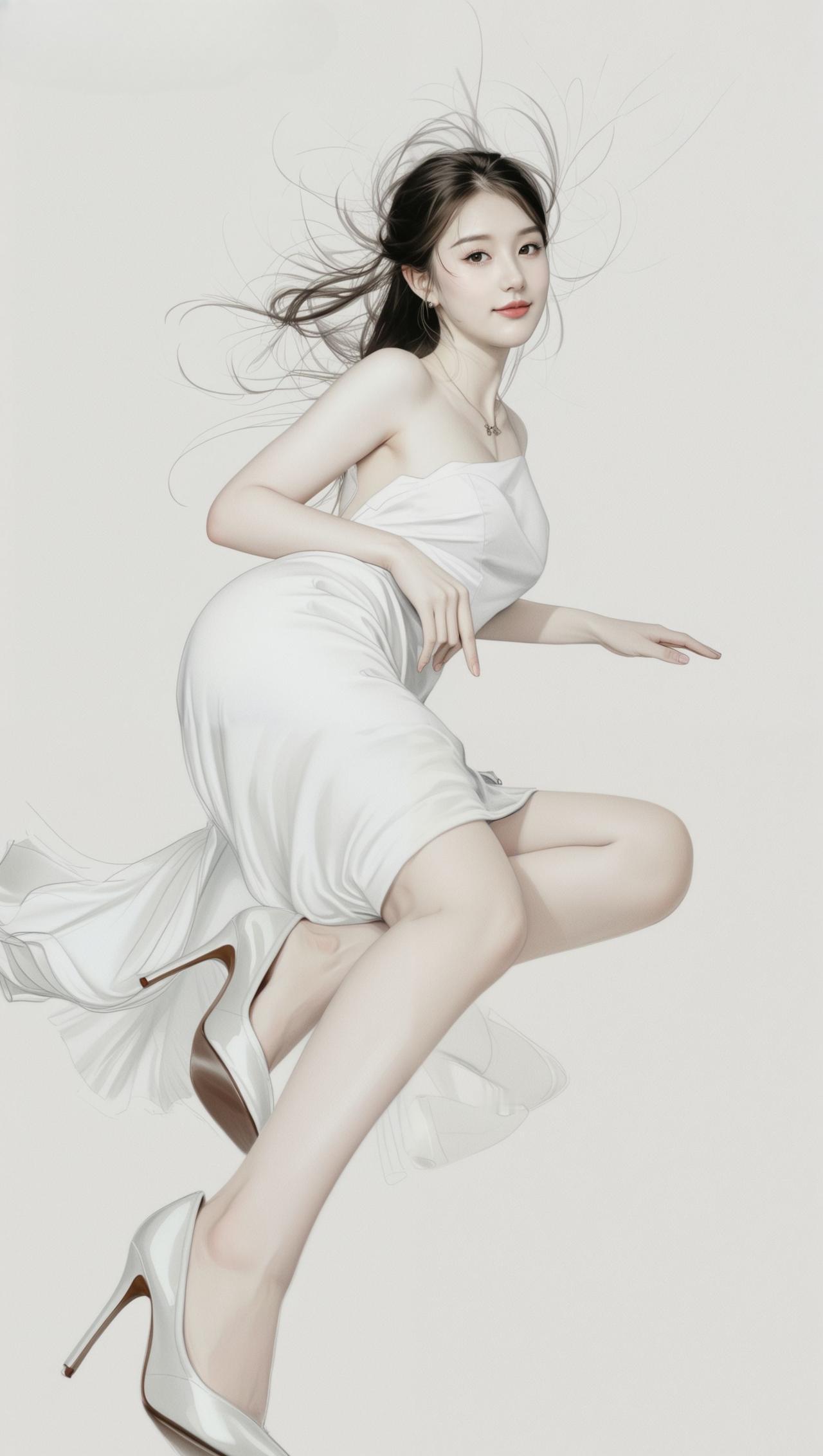 这位美女穿着白裙，摆出时尚姿势。