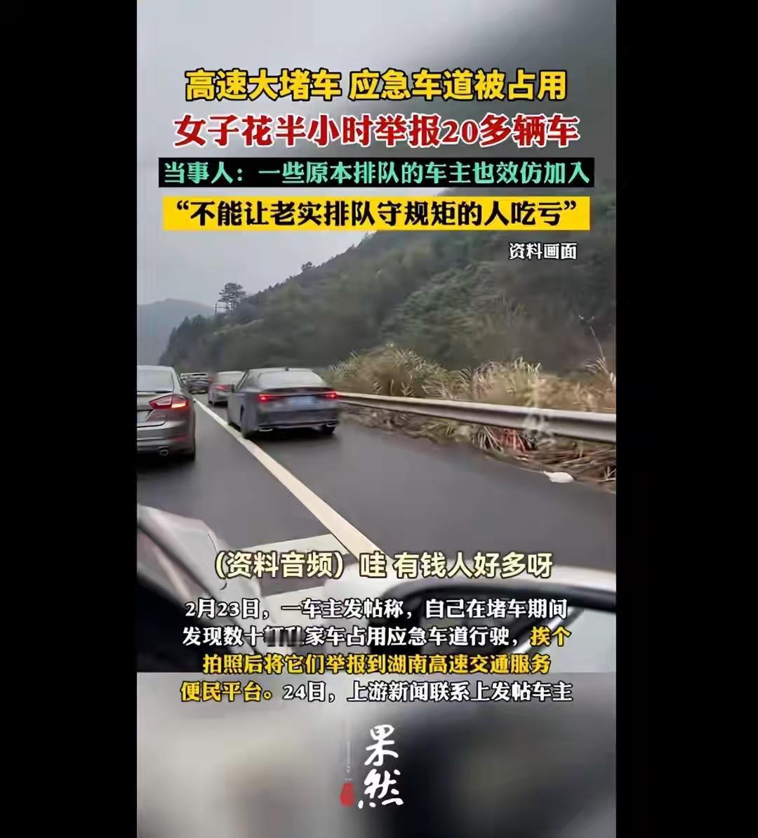 2月23日，一车主发帖称，自己在堵车期间发现数十辆私家车占用应急车道行驶，挨个拍