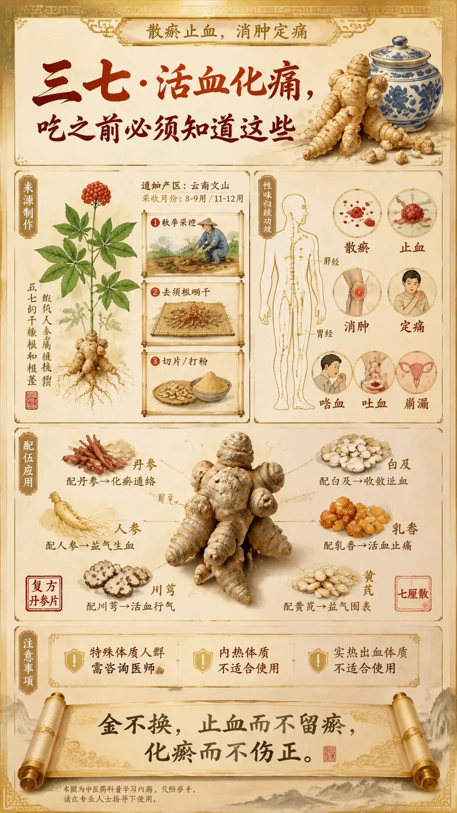 三七不是人人都能吃的，自查3点。今天说一味很多人搞错用法的中药——三七💡血瘀体