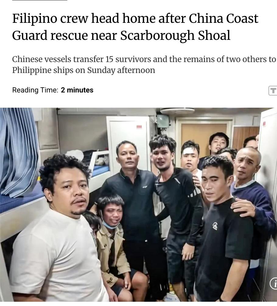 外媒：月25日下午，中国海警将15名幸存的菲律宾船员及2具遇难者遗体移交给菲律宾
