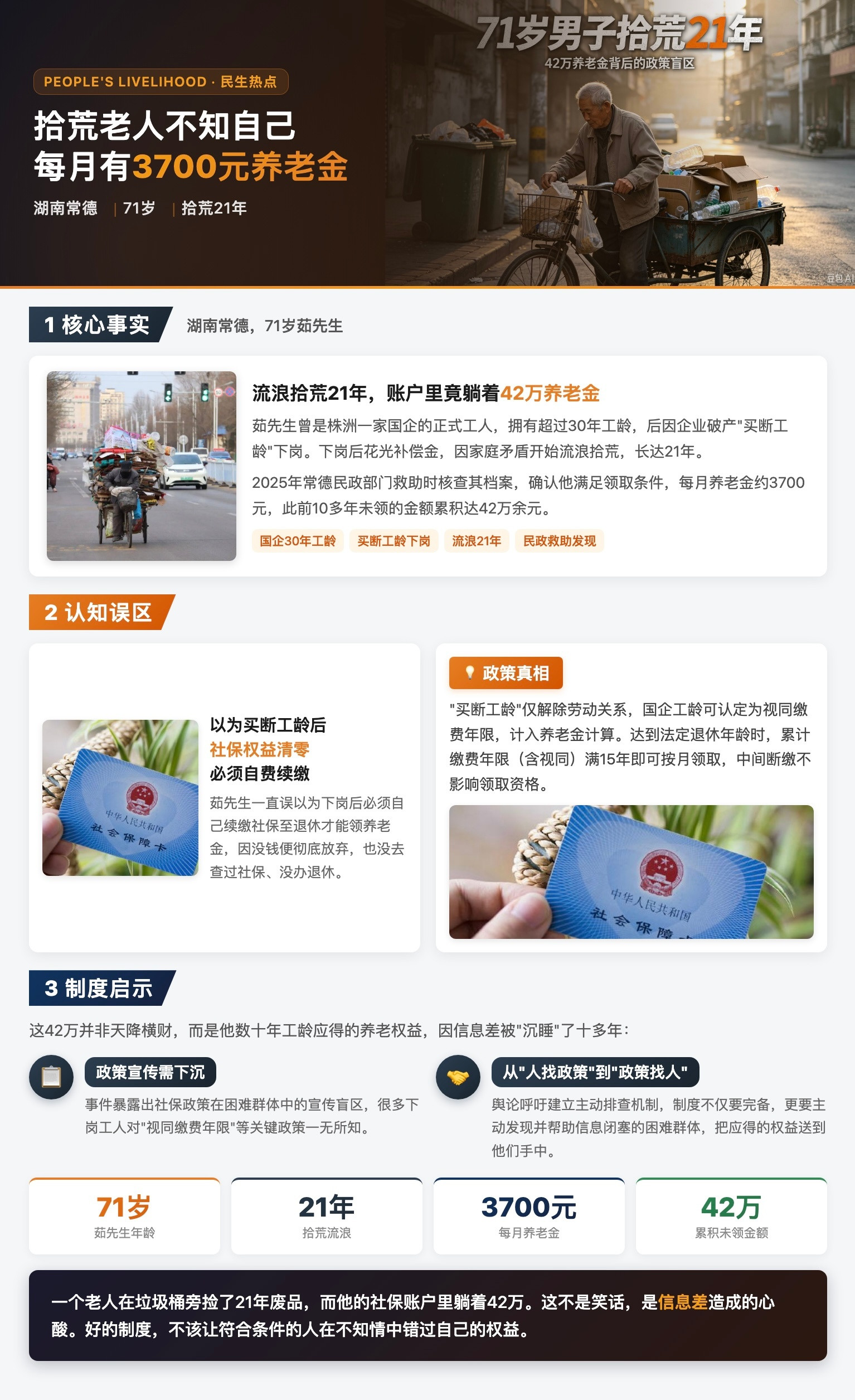 拾荒老人不知自己每月养老金3700元湖南常德71岁的茹先生，曾是株洲一家国企的正式工人，拥有超过30