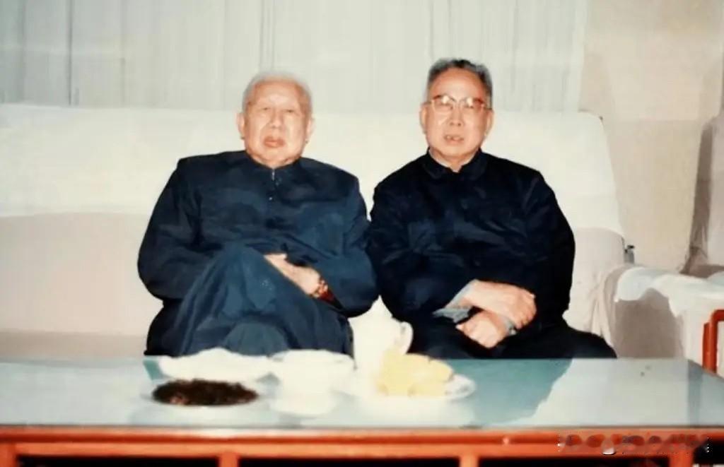 二十世纪八十年代，原武汉军区政委肖思明少将（右）专程看望老首长王平上将（左）的瞬