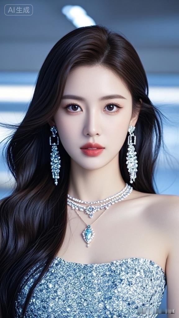 梦幻蓝调下的优雅女神，闪耀的珠宝与精致的妆容相得益彰，尽显高贵与神秘。