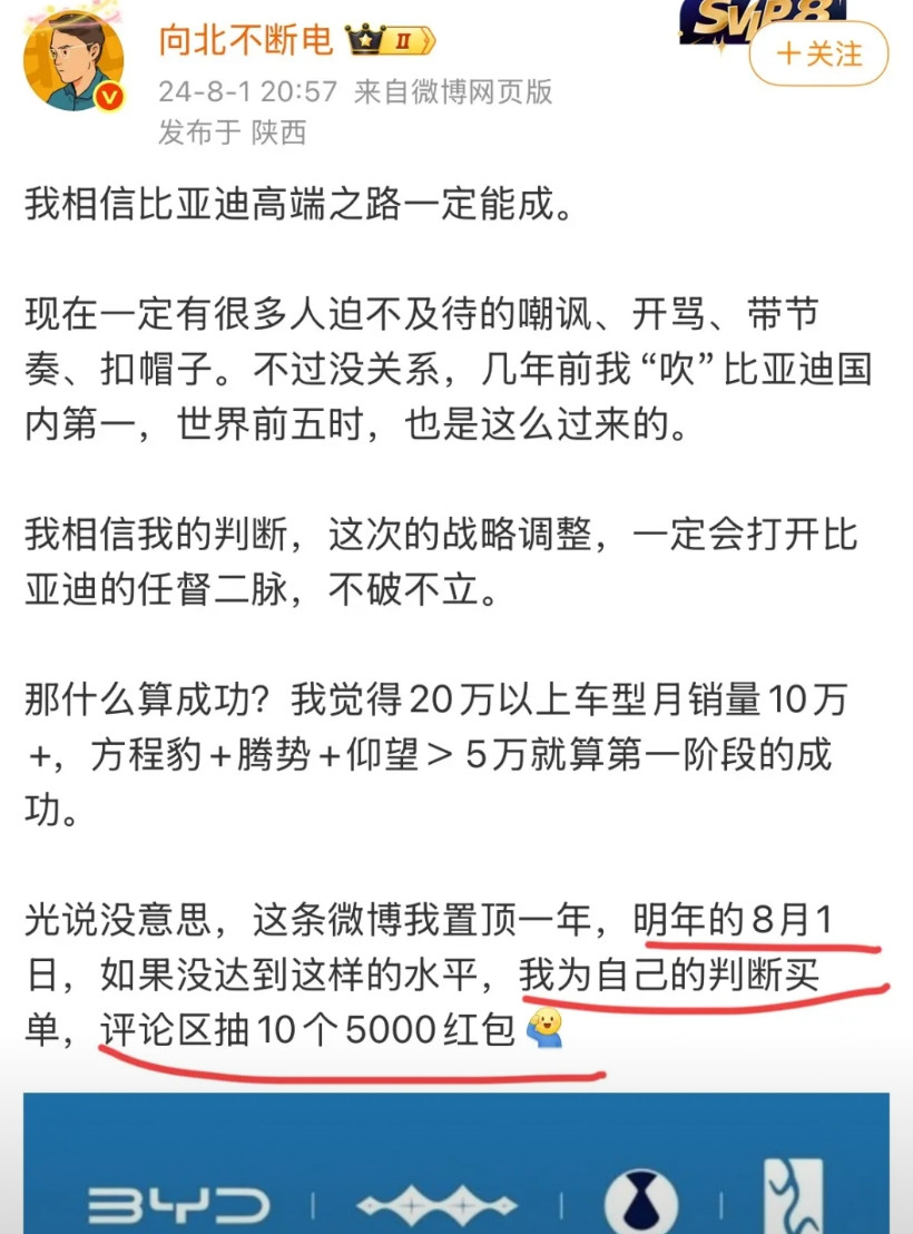向北：“比亚迪什么是成功？我觉得20万以上车型月销量10万+，方程豹+腾势+仰望