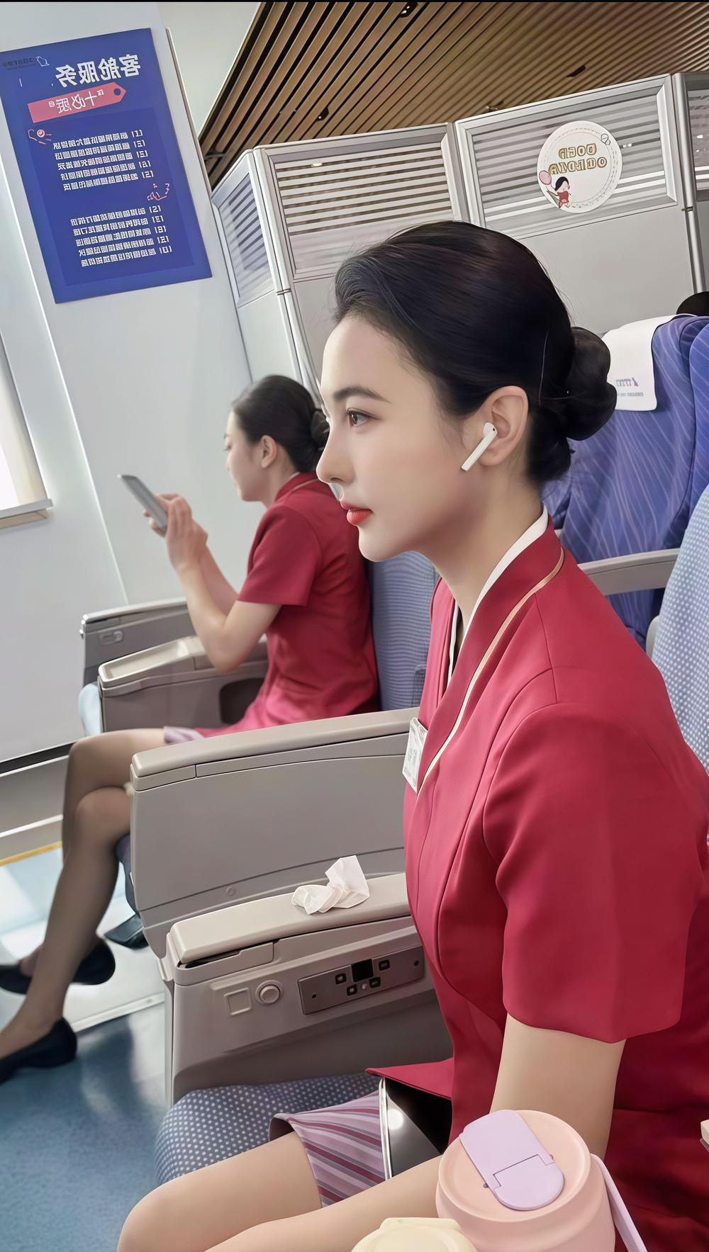 机场赶飞机，红衣姐妹行李相伴