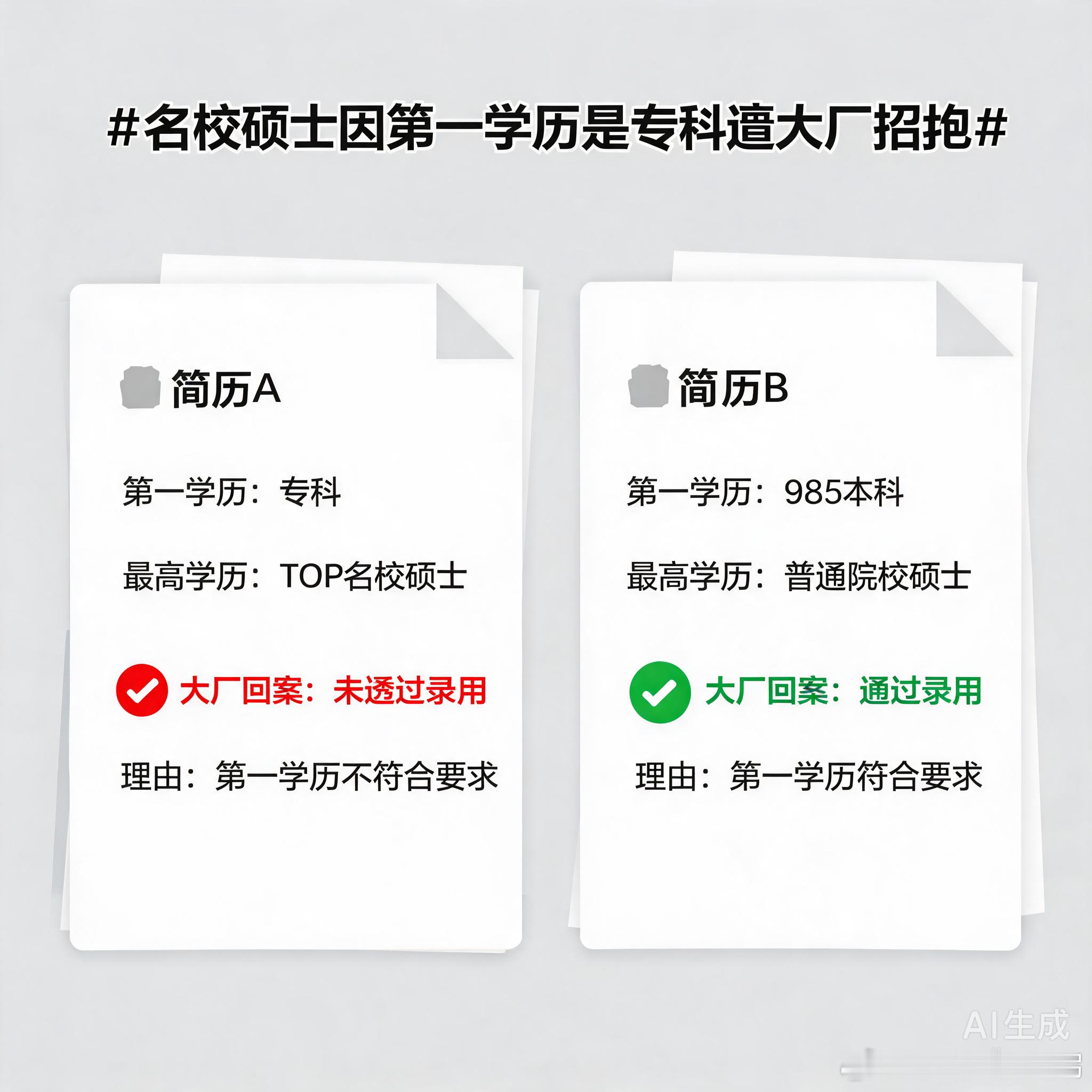 #名校硕士因第一学历是专科遭大厂拒绝#第一学历歧视，其实是一个司空见惯的事情。对于普通的就业者，第一