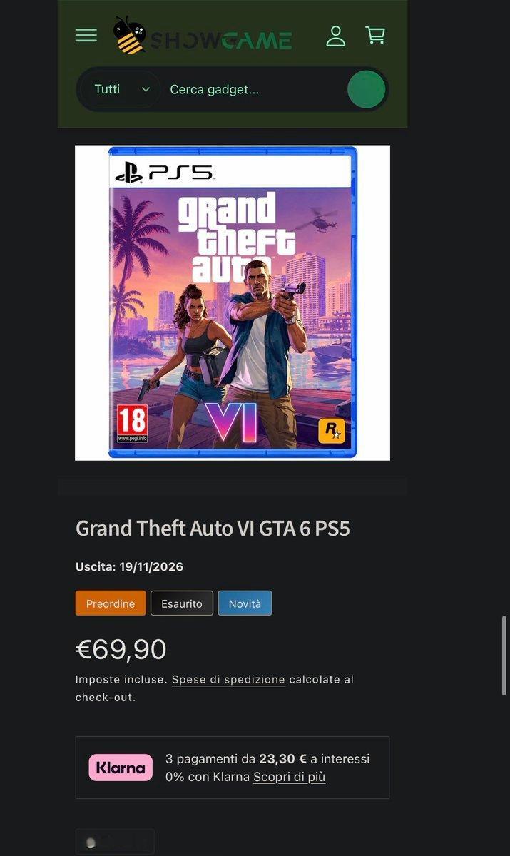 意大利知名游戏零售商Showgame率先上架了《GTA6》预售页面，预售价为