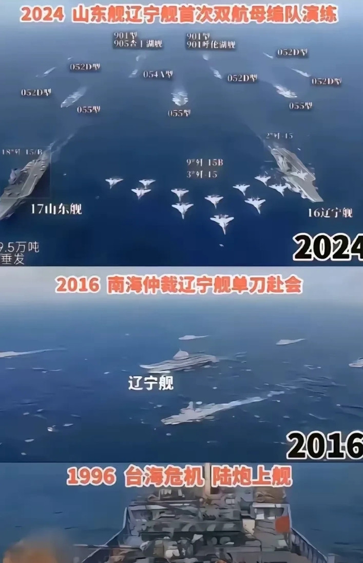 发展还是很快的！1996年，台海危机，陆炮上舰艇；2016年，南海仲裁，辽宁