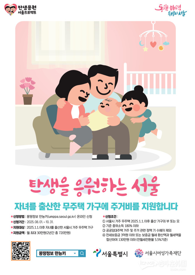【韩国首尔市发放“无房家庭生育子女住房补贴”，每月30万韩元，最长发放4年】海外