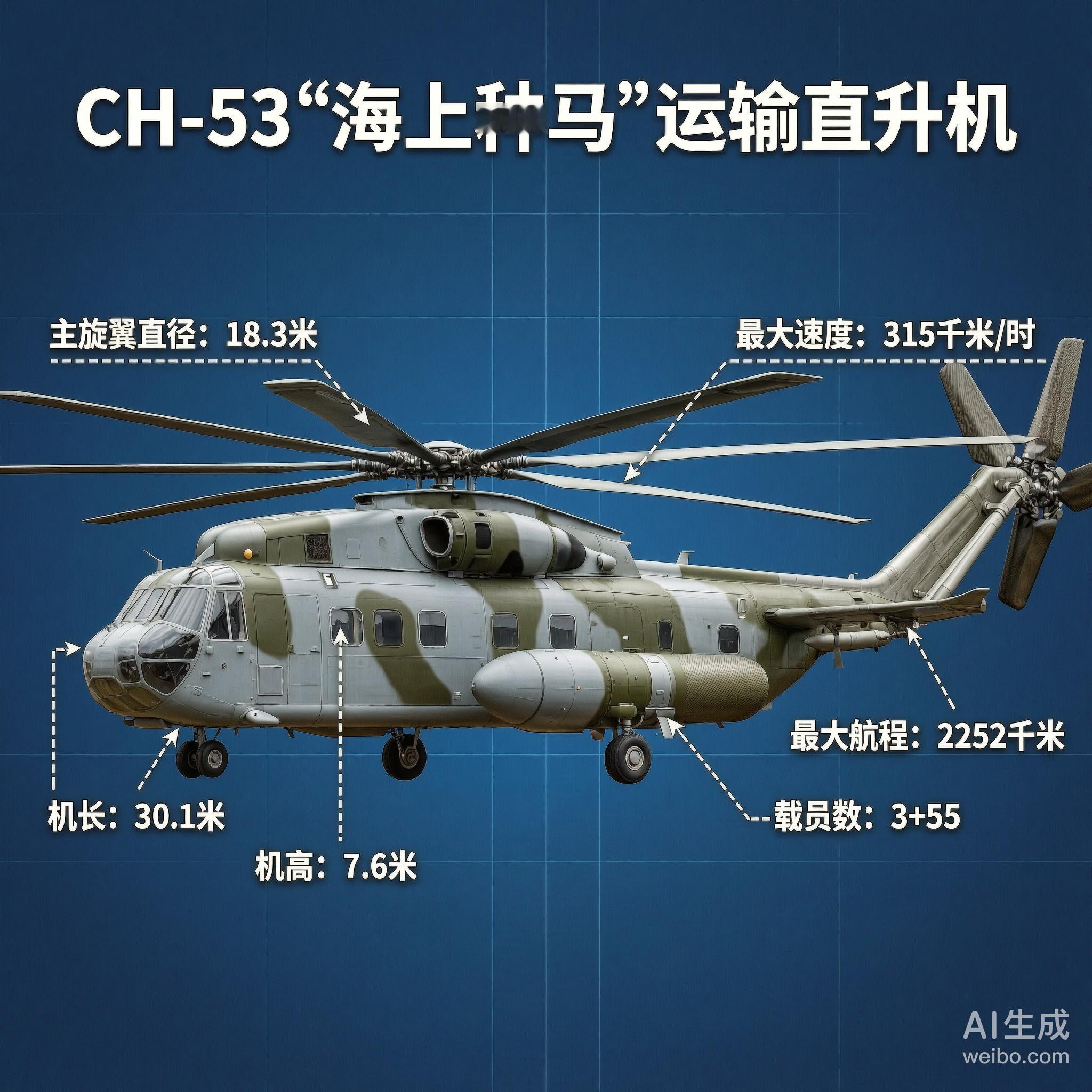 CH-53“海上种马”运输直升机［美］机长：30.1米主旋翼直径：18.3米机高