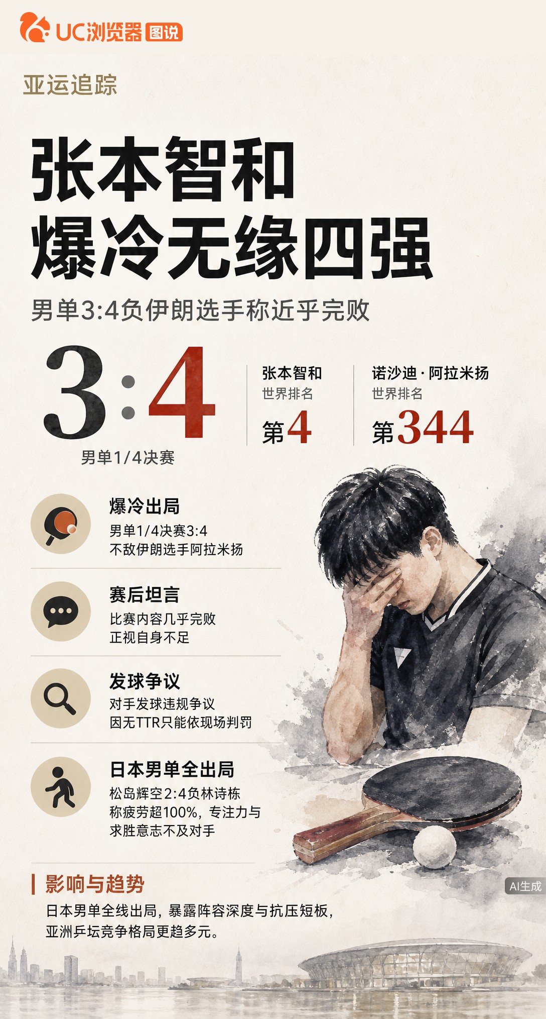 世界第4输给第344！张本智和亚运男单3-4爆冷出局，坦言近乎完败。日本男单全军覆没，松岛辉空也负于