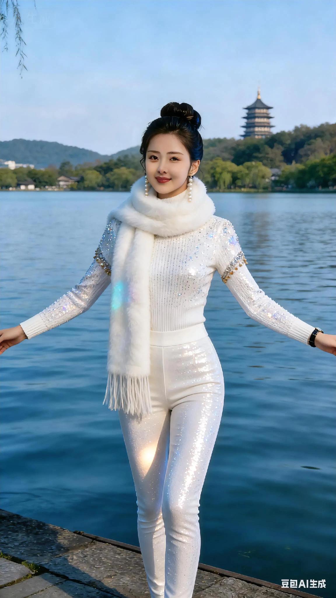 湖畔仙气飘飘，白衣飘飘似仙女湖畔白衣少女白衣仙气湖畔气质照西湖边美