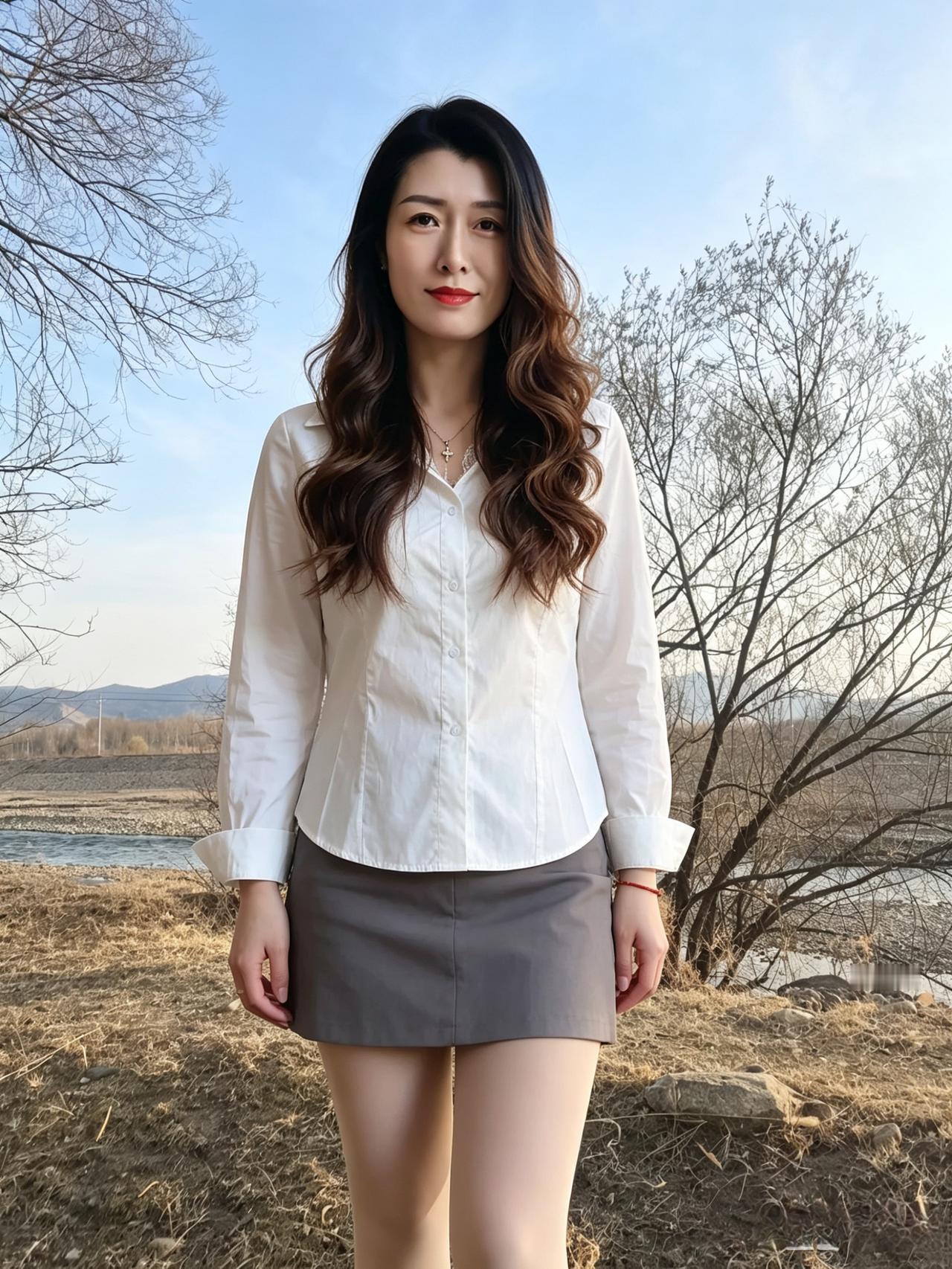 轻衫绰约倚晴川，秀发随风意自闲。不著繁华妆与饰，清姿一顾醉群山。