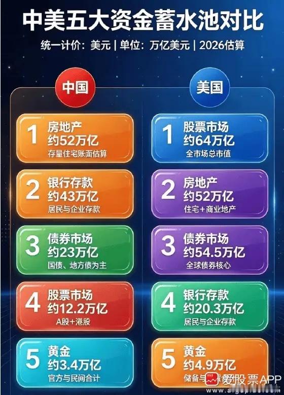 大家看下面这张图，中国和美国老百姓的家庭资产比例！中美房地产市值差不多，都是52