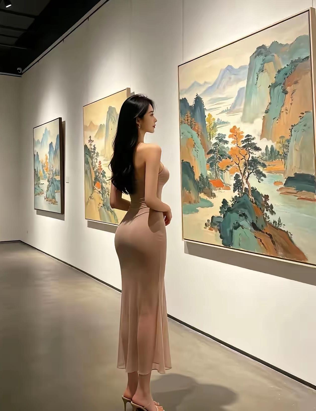 一位身材匀称曼妙，凹凸有致的美女在艺术馆欣赏山水画。