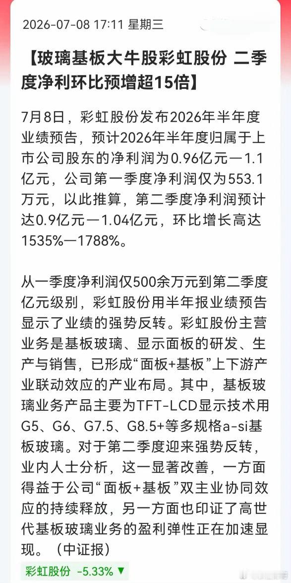 彩虹股份这预告，刚割的得拍大腿7月8日盘后半年报预告：二季度单季净利0.9-1.