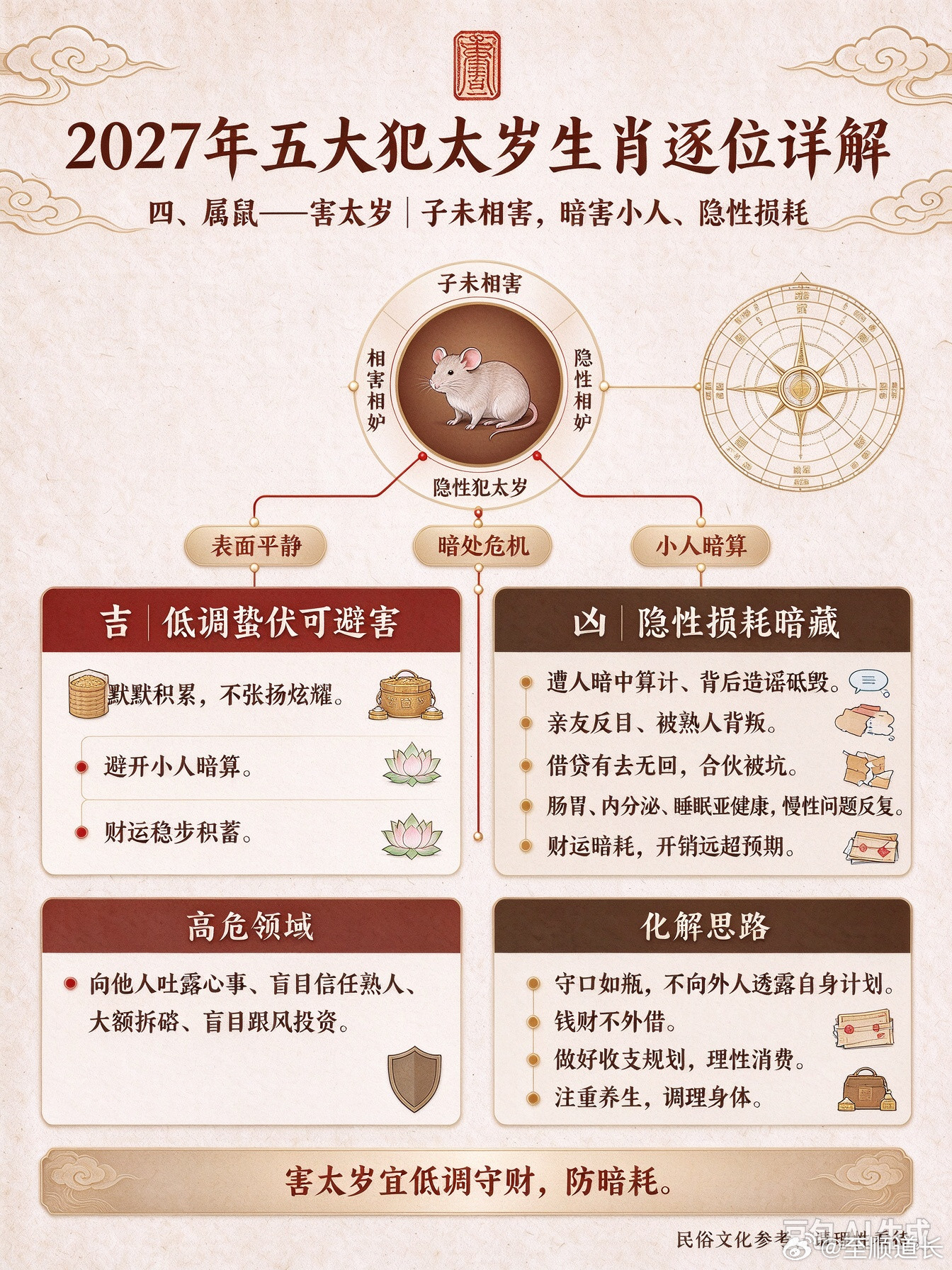 2027年五大犯太岁生肖逐位详解四、属鼠——害太岁（子未相害，暗害小人、隐性损耗）子未相害，为“相害