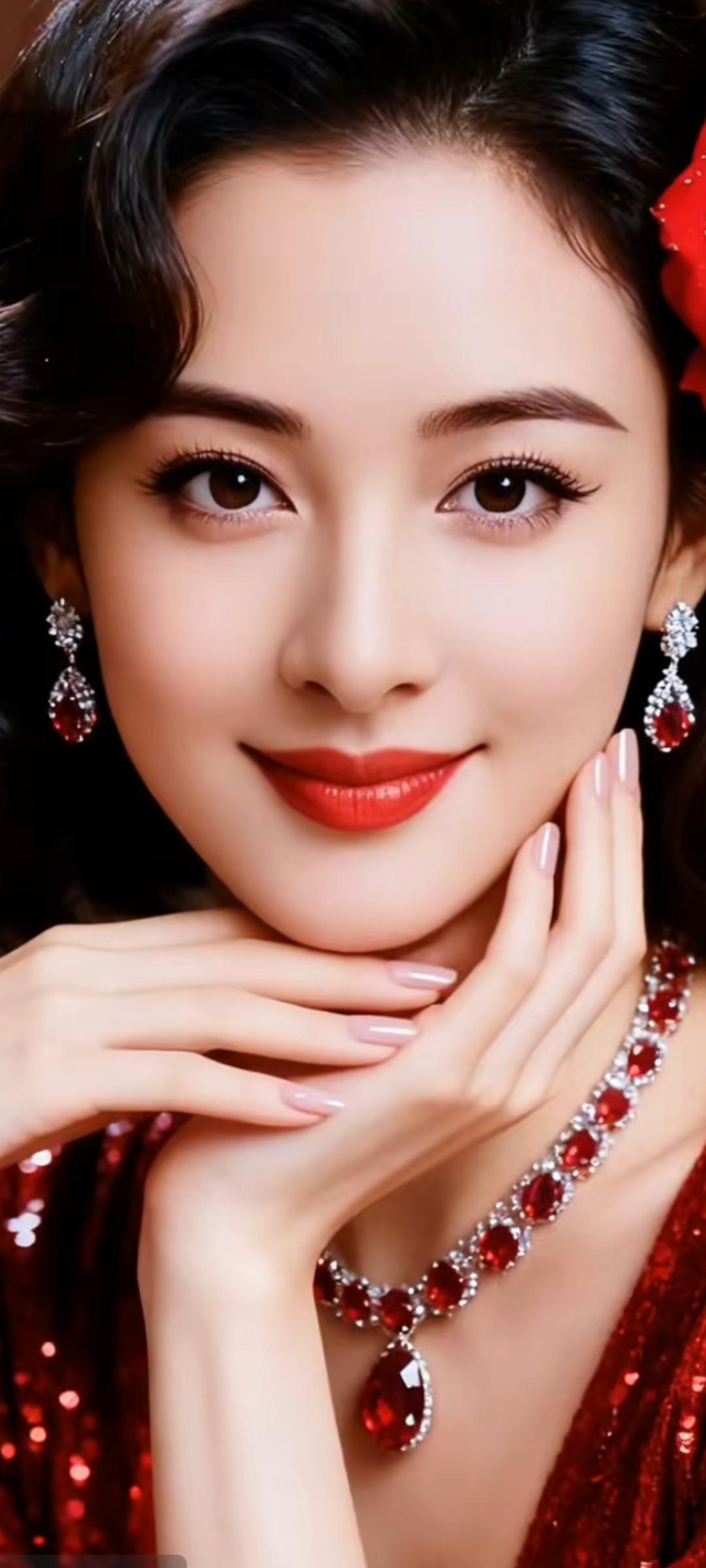 红衣美人，闪耀夺目，红唇微笑，优雅迷人。