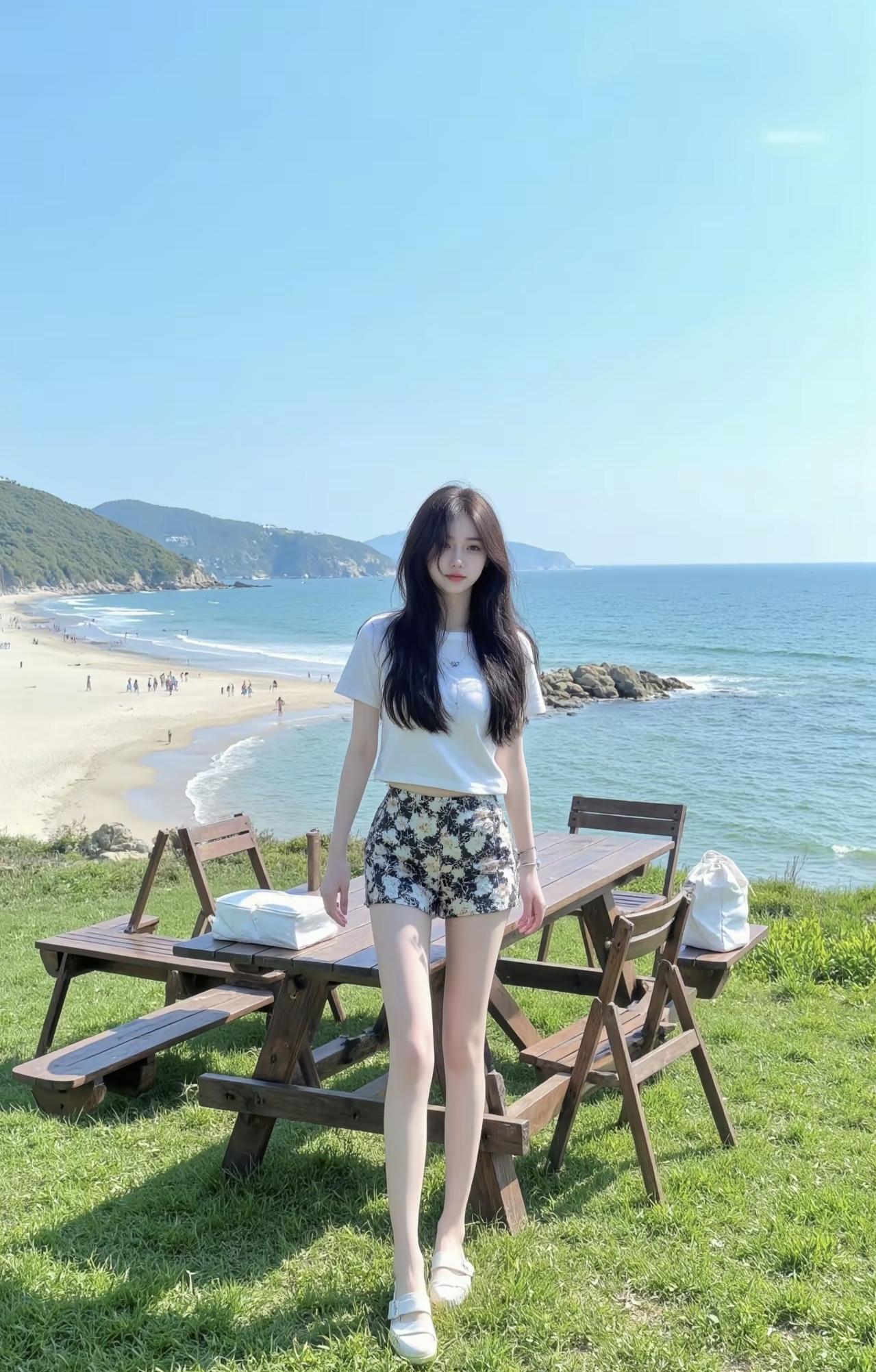 海风把夏天吹成了松弛的形状，白T配碎花短裤刚好接住这一帧蓝。